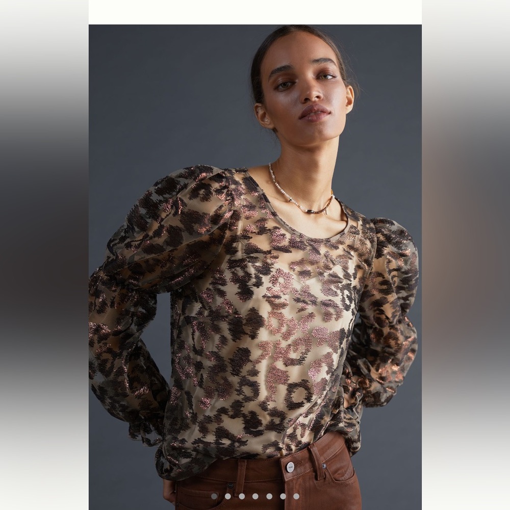 NWT- Anthropologie - Eva Franco - Sheer Puff Sleeve Leopard Print Blouse Size M